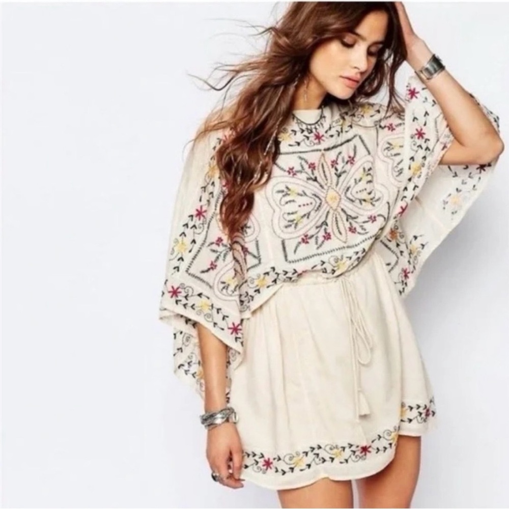 Free People Frida Embroidered Dress in Ivory Boho Drape Sleeve Mini Womens M